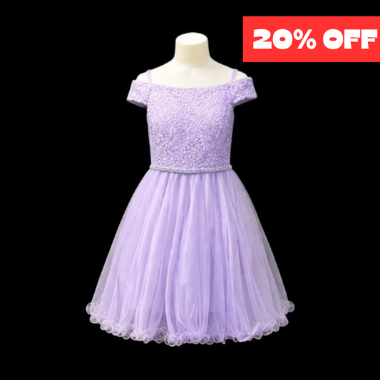 Lavender Off-the-Shoulder Lace Jr. Grad Dress with Tulle Skirt & Rhinestone Waist (M)