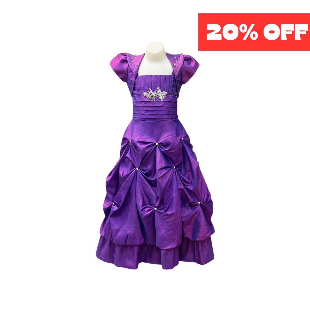 Purple Ruched Satin Gown with Rhinestone Appliqué & Matching Bolero