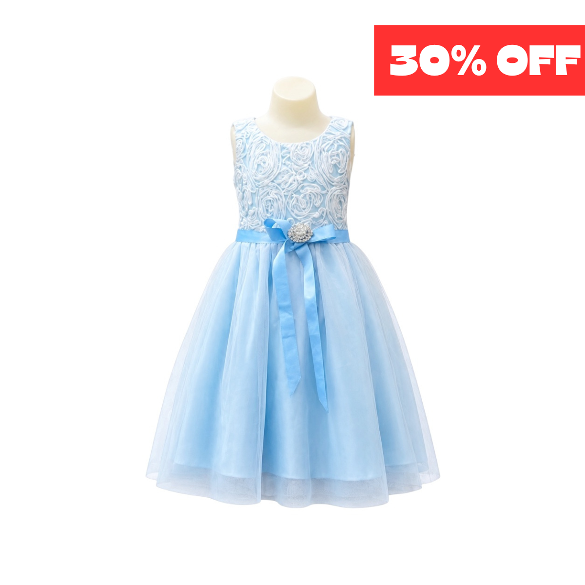 Sky Blue Rosette Lace & Tulle Dress with Rhinestone Bow (Size 2)