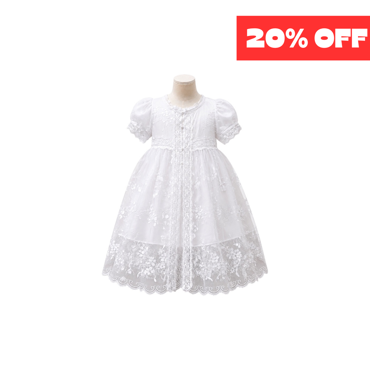 White Satin Baby Baptism Dress with Embroidered Overlay & Matching Bonnet (12 Months)