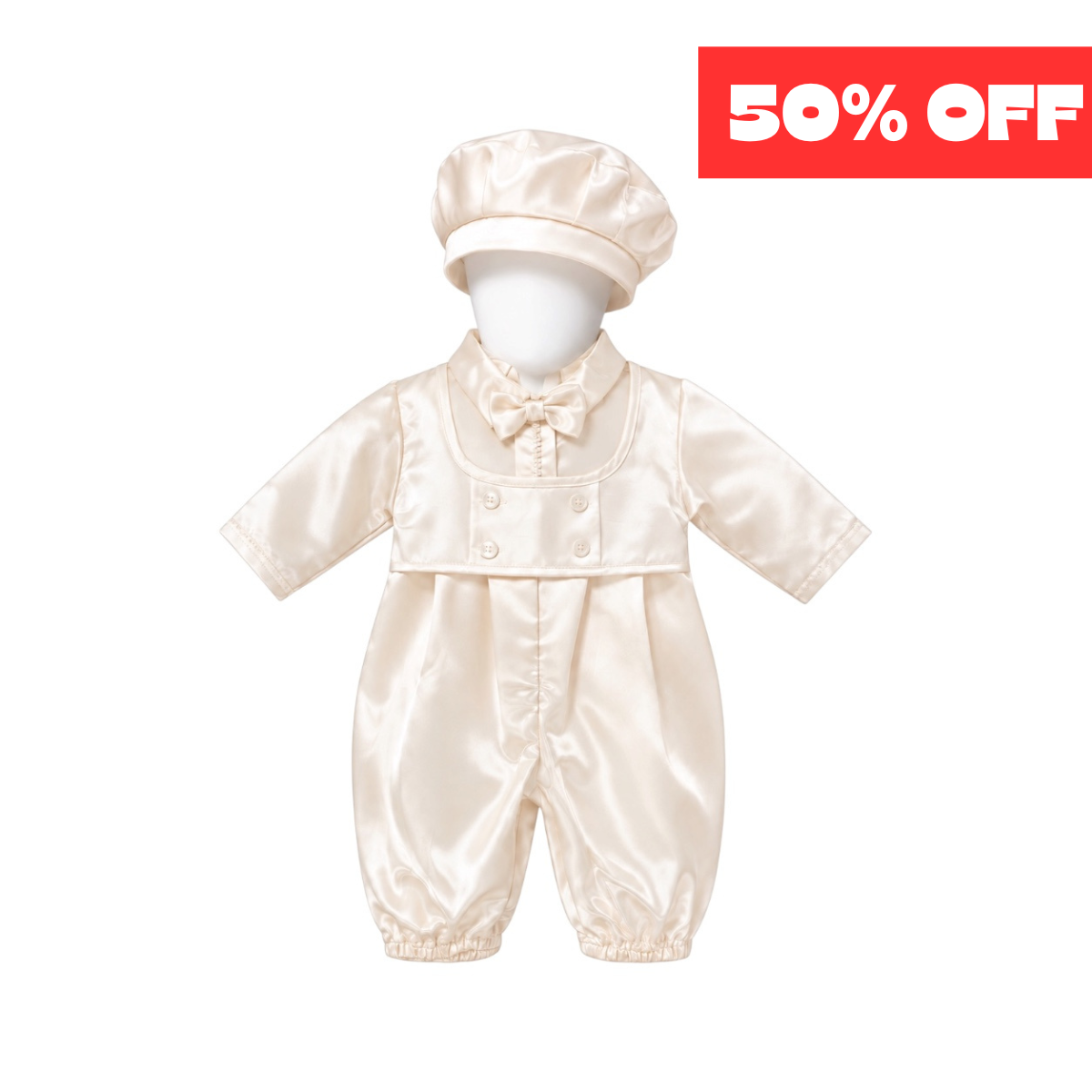 Caroline Baptême Baby Boys' Shiny Ivory 2-Piece Baptism Romper Set with Hat
