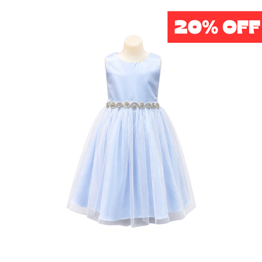 Light Blue Satin & Tulle Dress with Rhinestone Swirl Waist (Size 6)