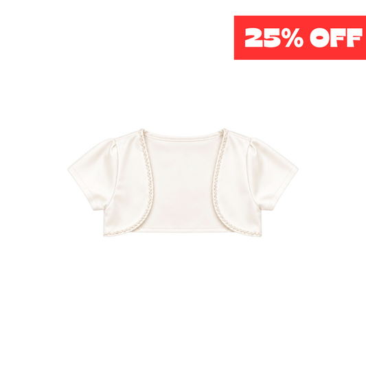 Jolene Girls’ Ivory Satin Bolero with Pearl Trim