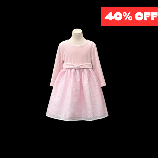 Baby Girl Long Sleeve Pink Sparkle Dress with Velvet Bodice & Rhinestone Waist Brooch(24 months)