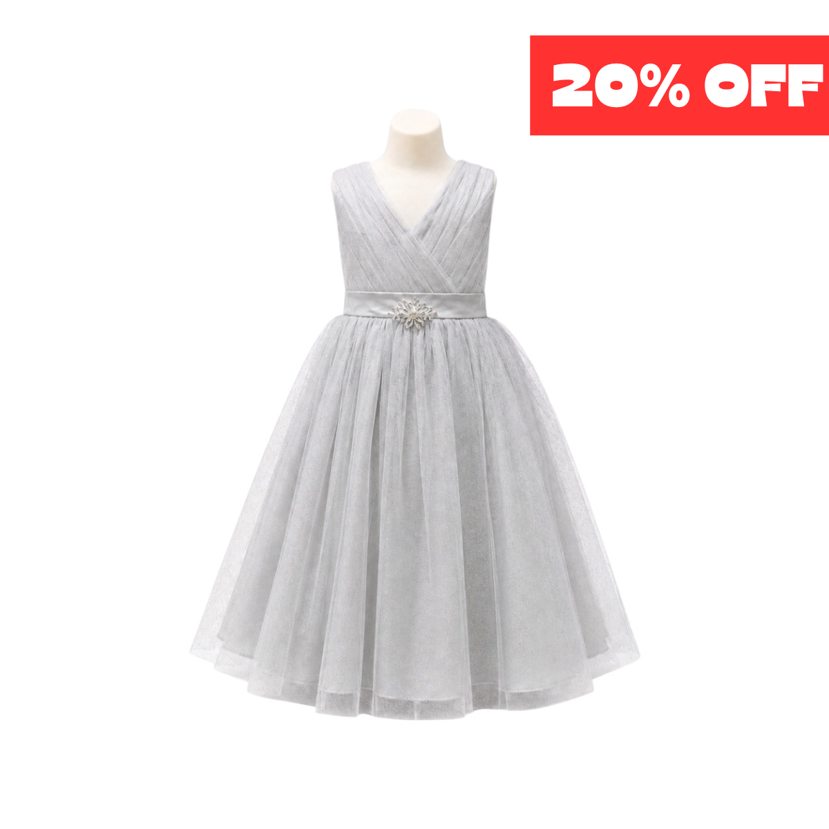 Silver Glitter Tulle Dress with Pleated V-Neck & Rhinestone Brooch (Size 16)