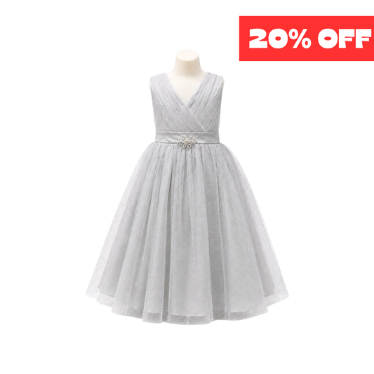 Silver Glitter Tulle Dress with Pleated V-Neck & Rhinestone Brooch (Size 16)