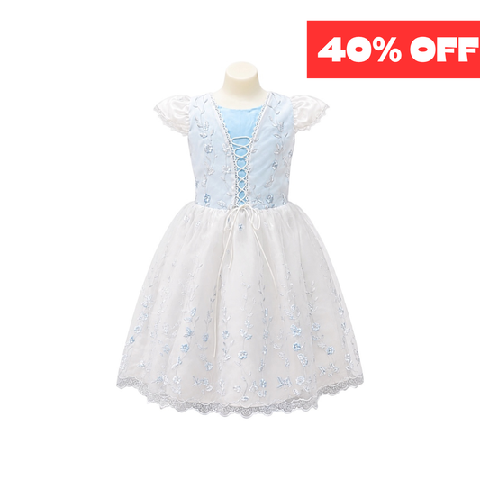 Girls White & Light Blue Floral Embroidered Tea-Length Dress with Lace-Up Bodice (Size 8)