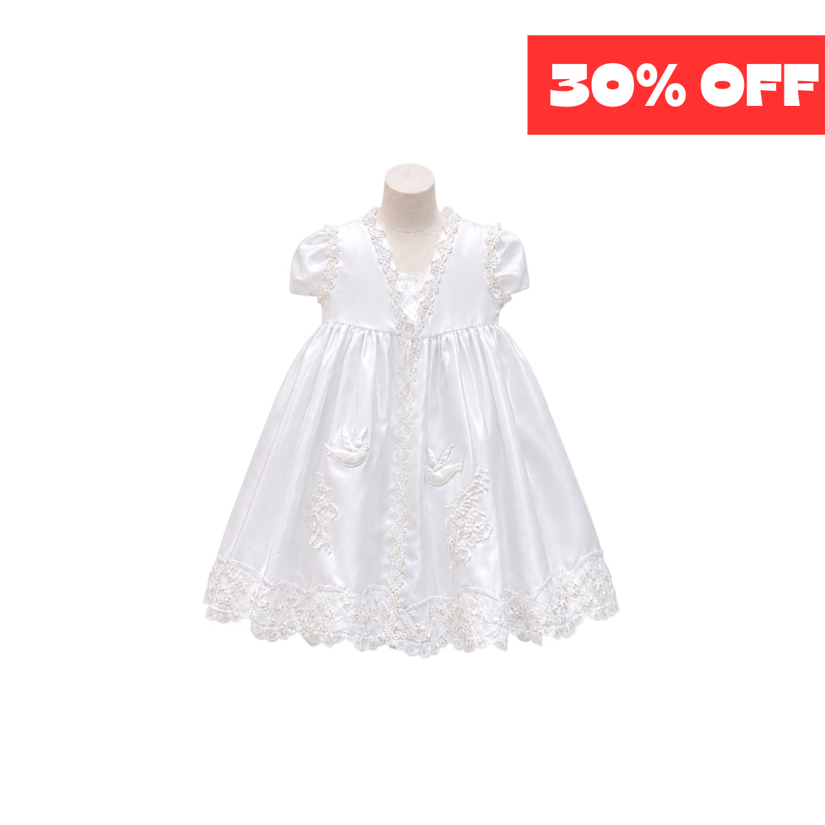 2-Piece Baby Girl White Satin Dress with Embroidered Cape (12–18 Months)