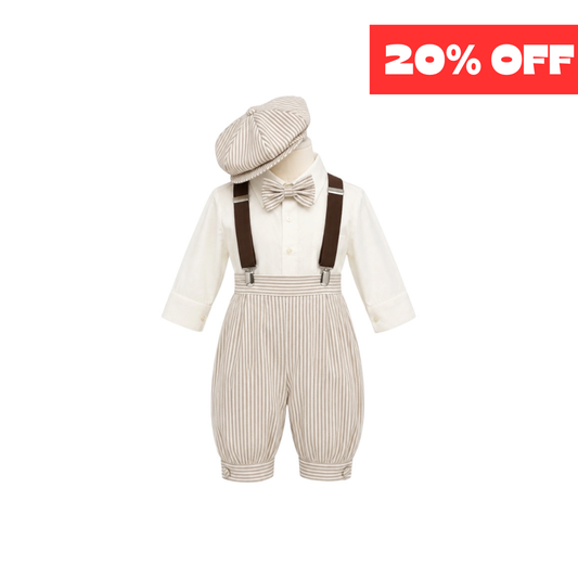 Mavezzano 5-Piece Tan Stripe Suspender Set with Newsboy Hat