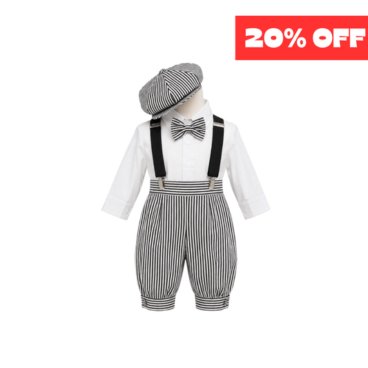 Mavezzano 5-Piece Black Stripe Suspender Set with Newsboy Hat (6 Months)