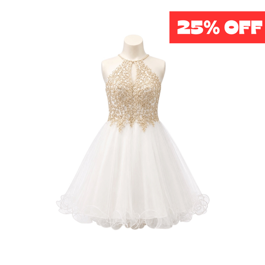 White & Gold Halter Embroidered Jr. Dress with Tulle Skirt (M)