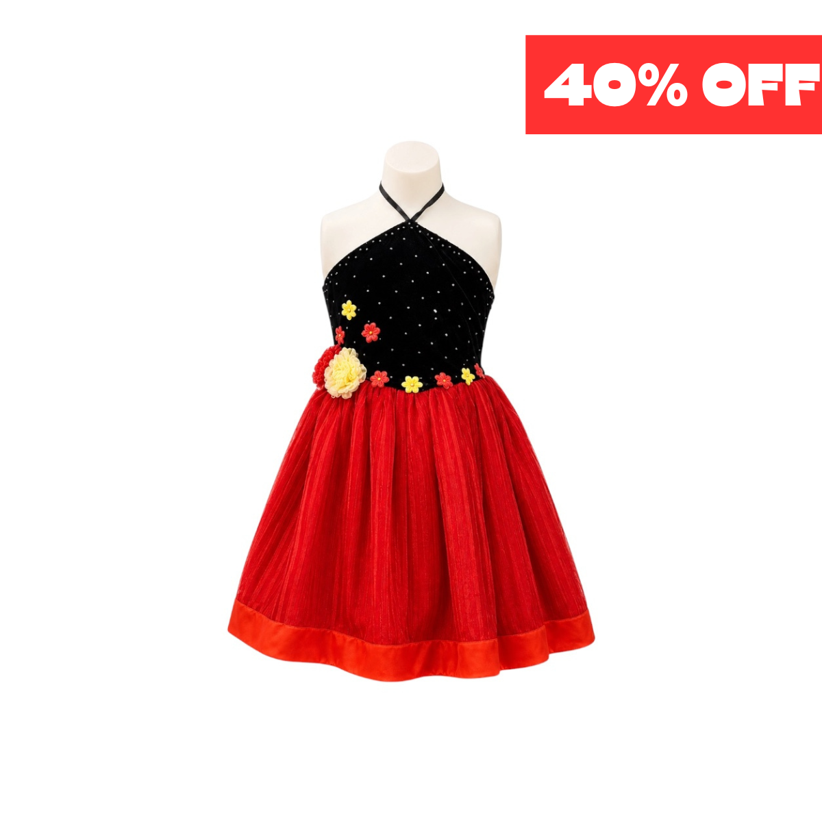 Black & Red Sparkle Halter Dress with Floral Appliqués