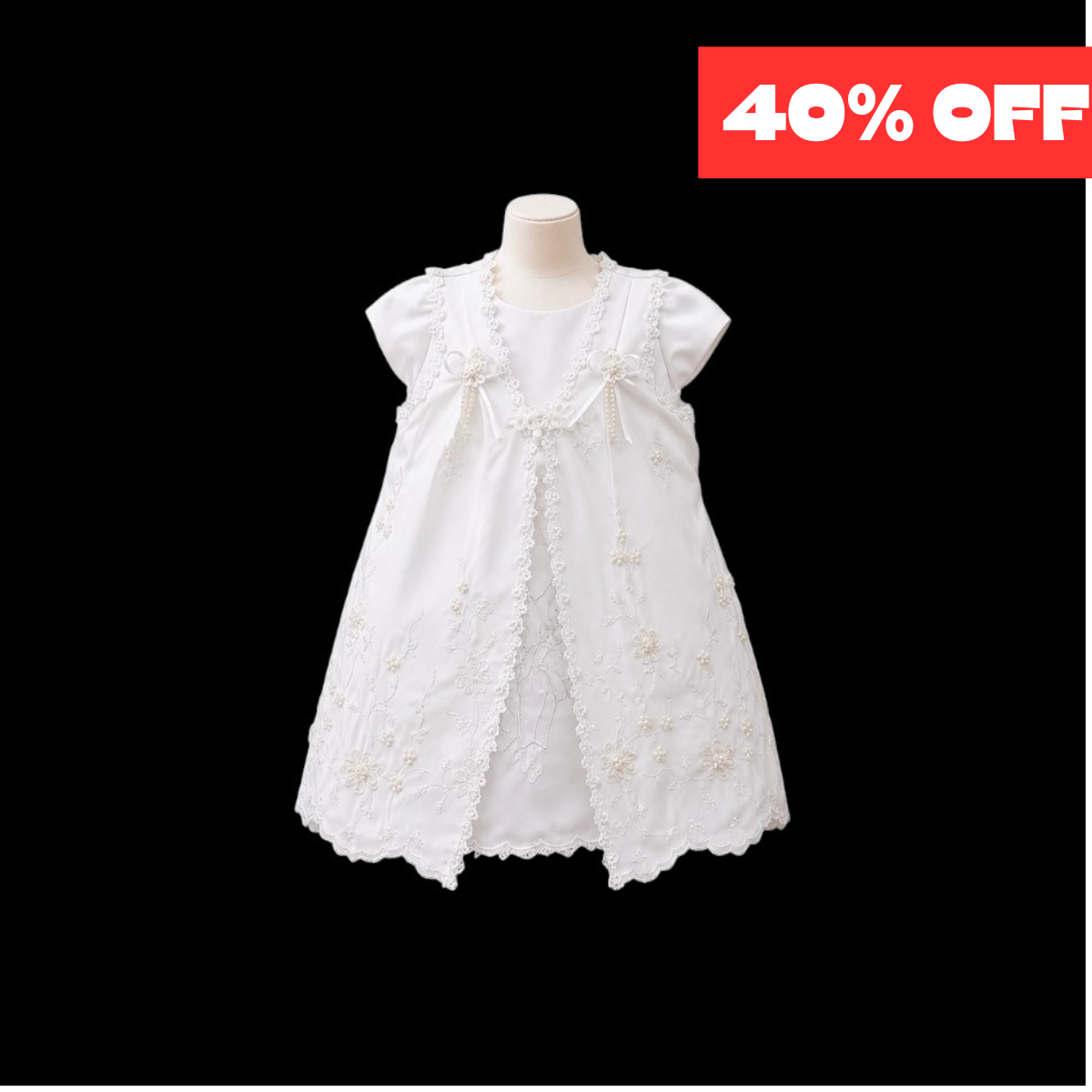 3-Piece Baby Girl Satin Christening Dress with Angel Embroidery & Bonnet (6–9 Months)
