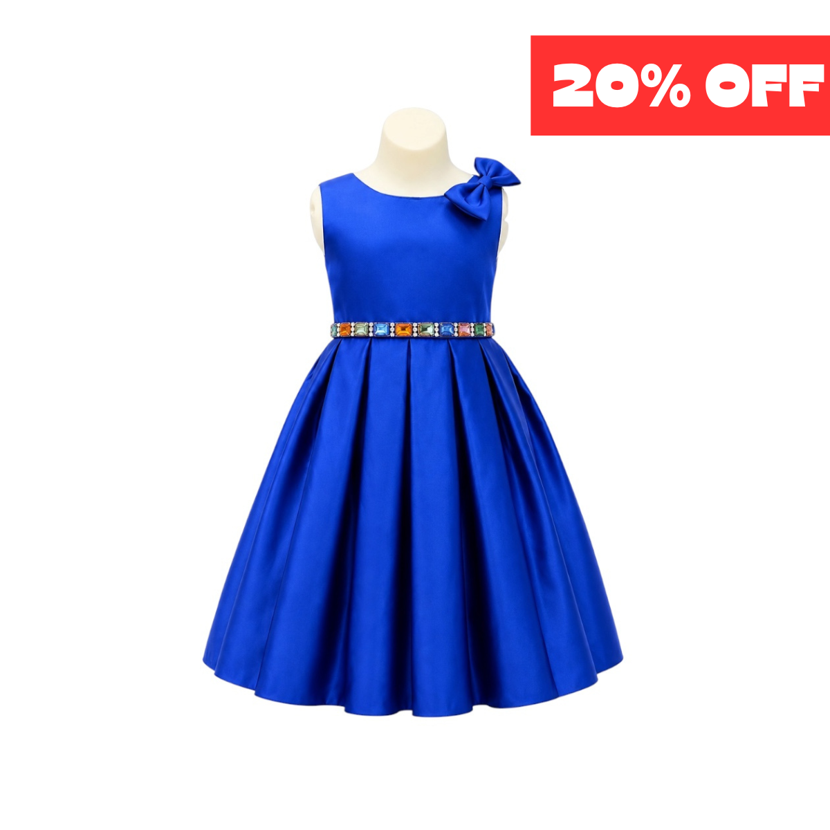 Royal Blue Satin Dress with Shoulder Bow & Multicolor Rhinestone Waist (Size 4)