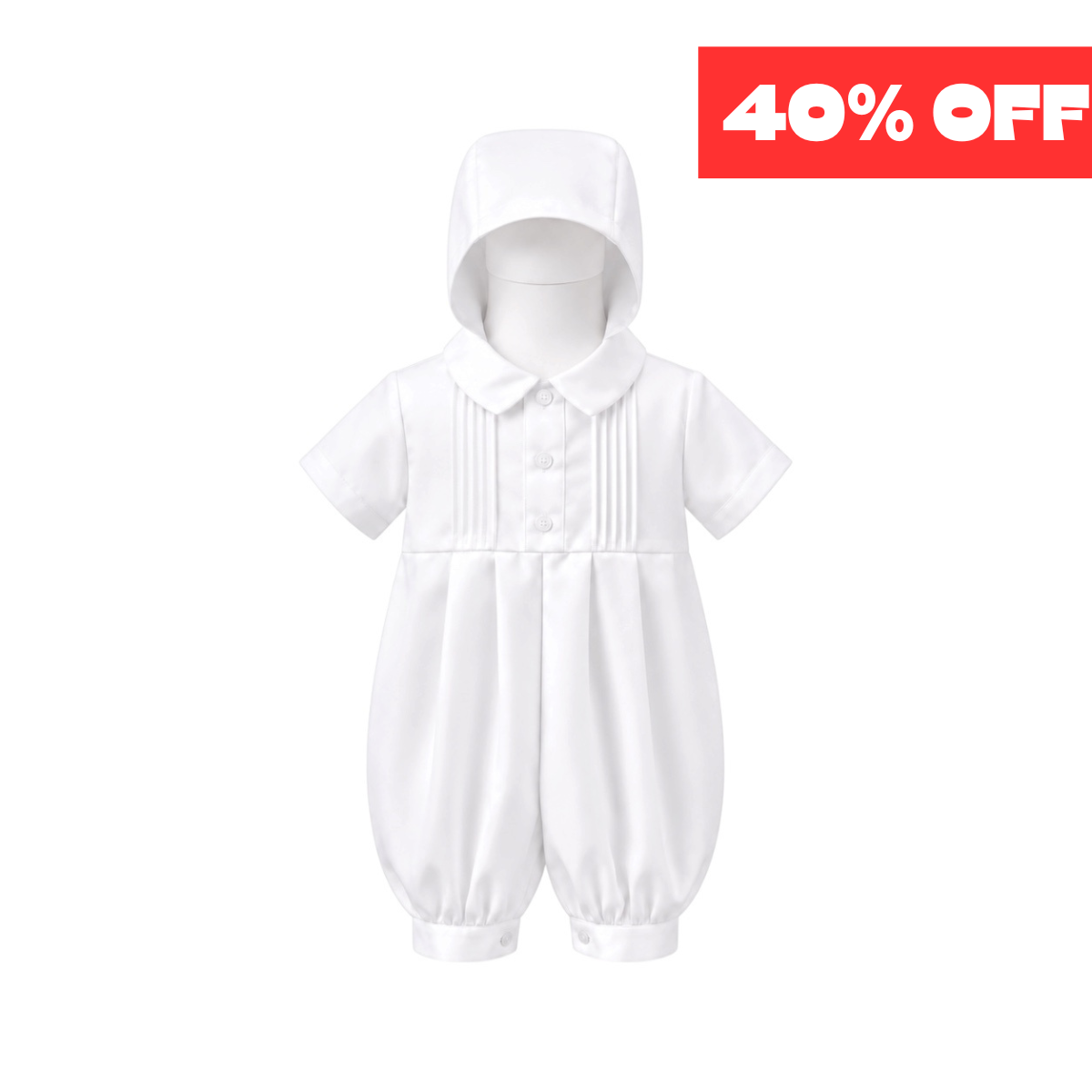 Mavezzano & Co Baby Boys' White Pleated Front Baptism Romper Set with Bonnet (24 Months)
