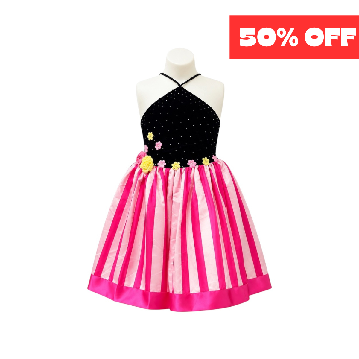 Black & Pink Halter Dress with Floral Appliqués & Striped Skirt