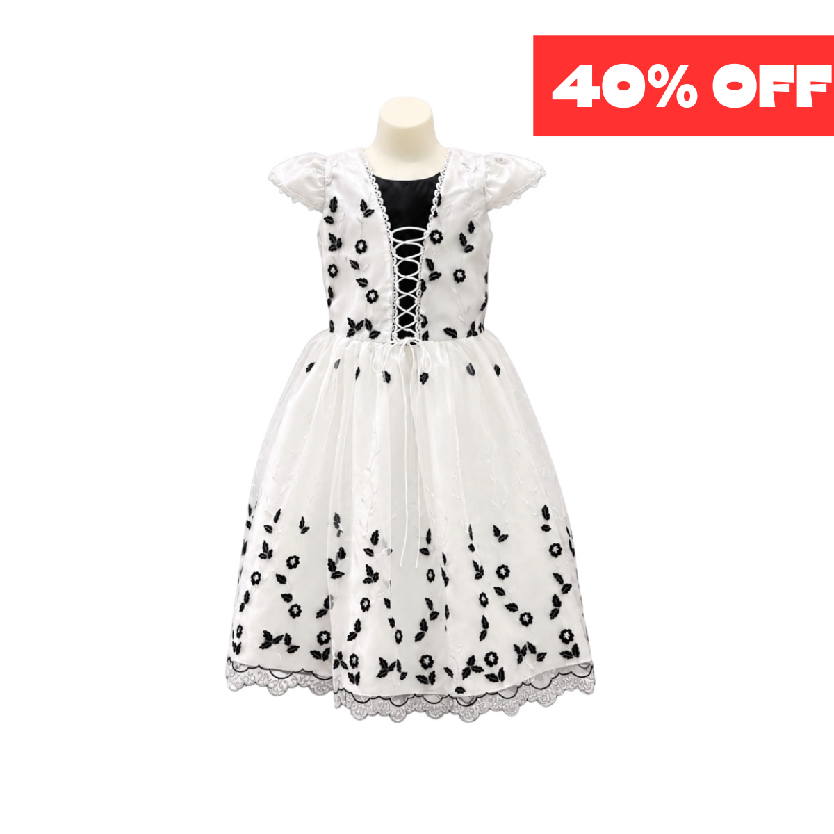 Girls White & Black Floral Embroidered Tea-Length Dress with Lace-Up Bodice (Size 8)