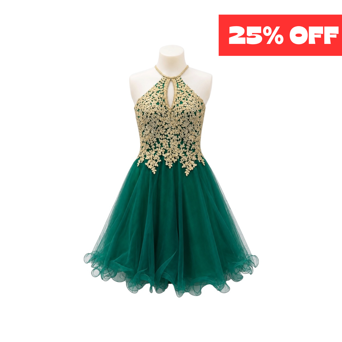 Emerald Green & Gold Halter Embroidered Jr. Dress with Tulle Skirt (S)