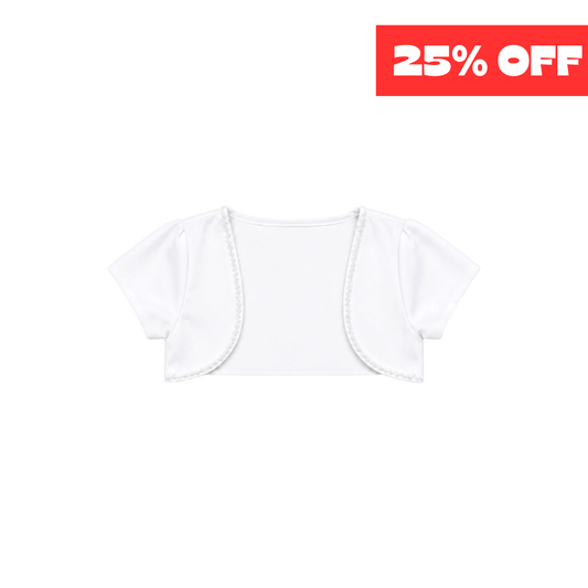 Jolene Girls’ White Satin Bolero with Pearl Trim