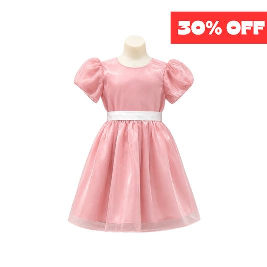 Girls' Blush Pink Puff Sleeve Dress with White Satin Sash (Size 10)