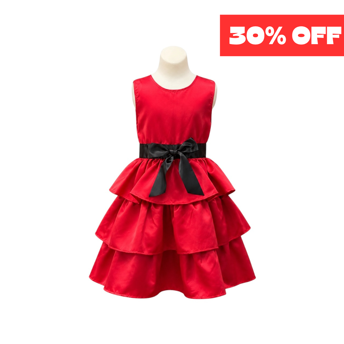 Red Tiered Satin Dress with Black Sash & Bow
