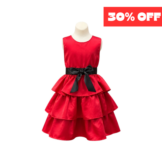 Red Tiered Satin Dress with Black Sash & Bow