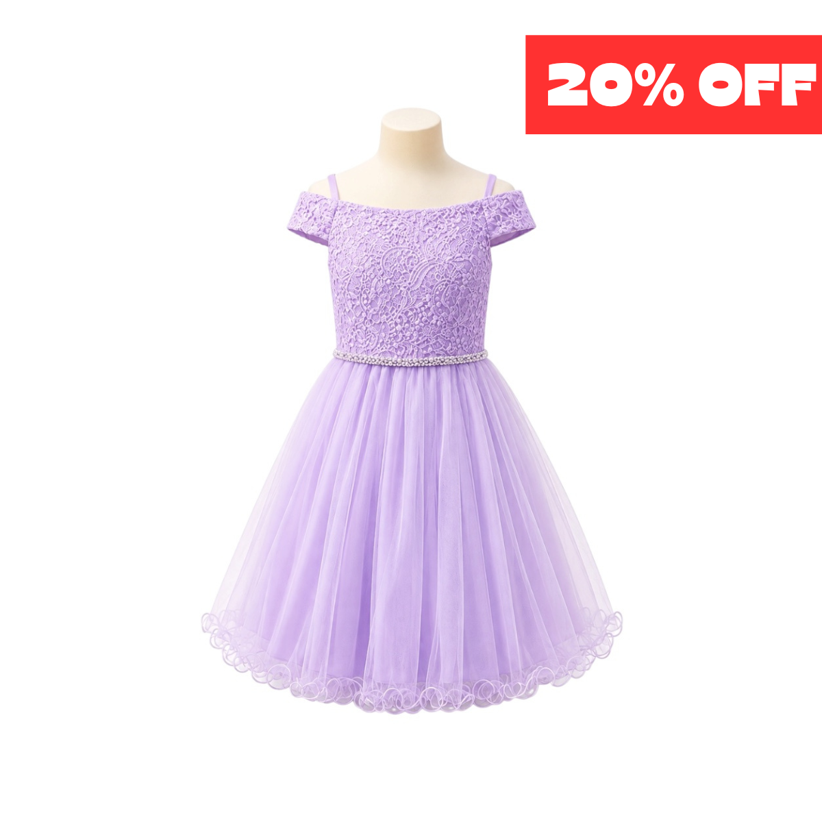 Lavender Off-the-Shoulder Lace Jr. Dress with Rhinestone Waist & Tulle Skirt (M)