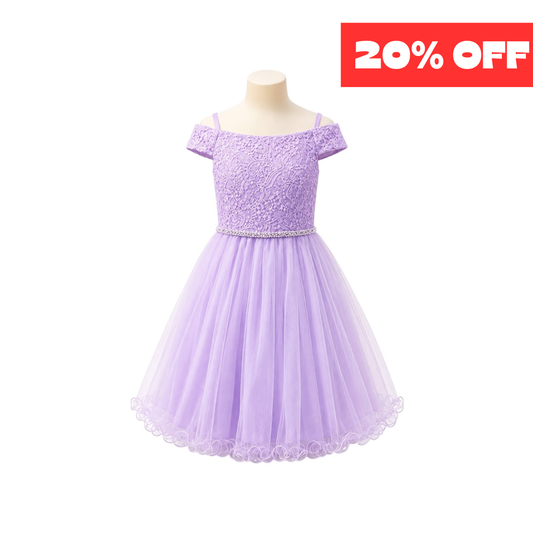 Lavender Off-the-Shoulder Lace Jr. Dress with Rhinestone Waist & Tulle Skirt (M)