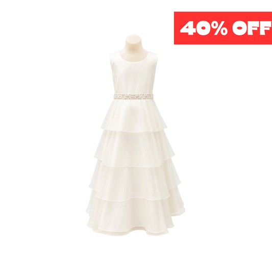 Ivory Satin Gown with Beaded Waist & Tiered Tulle Skirt