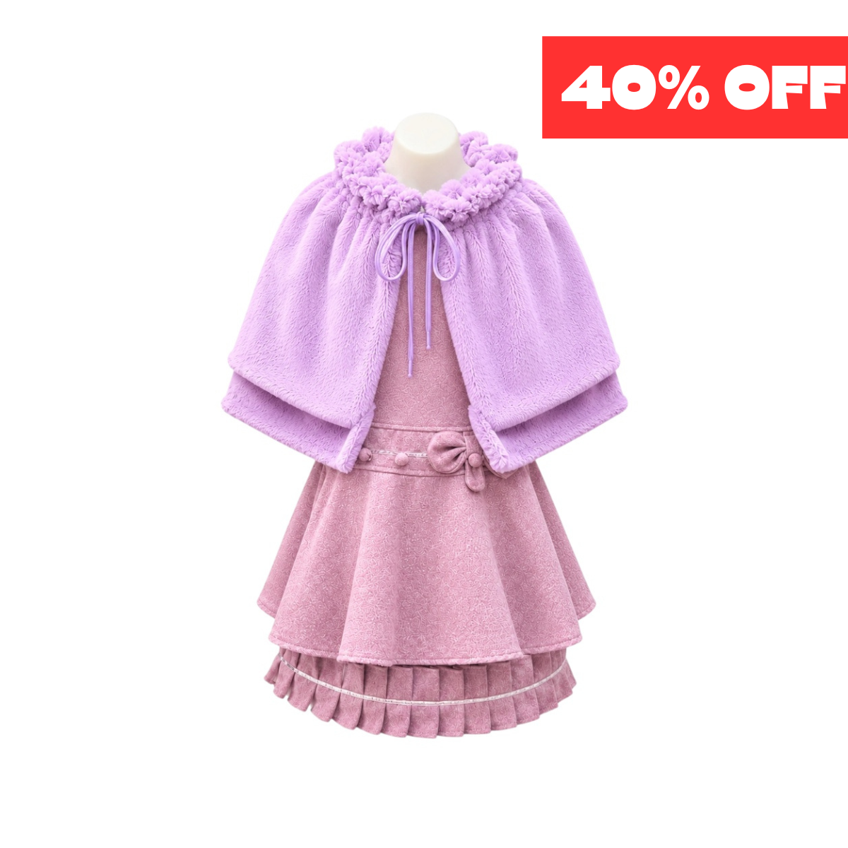 Dusty Purple Textured Dress with Bow Detail & Faux Fur Cape