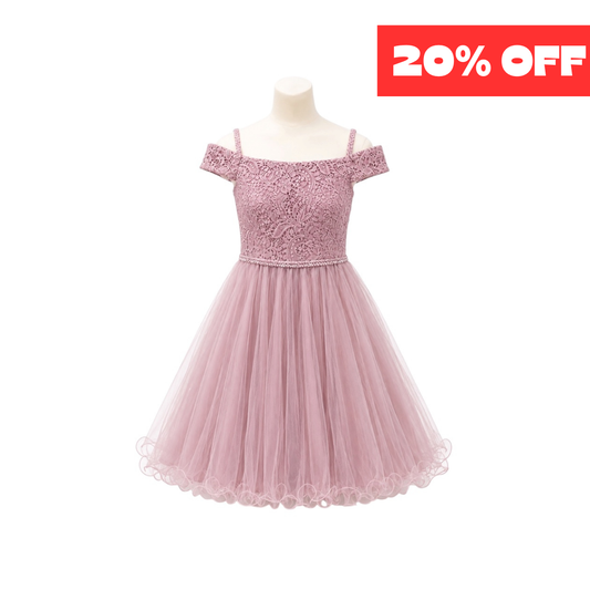 Mauve Off-the-Shoulder Lace Jr. Dress with Rhinestone Waist & Tulle Skirt (L)