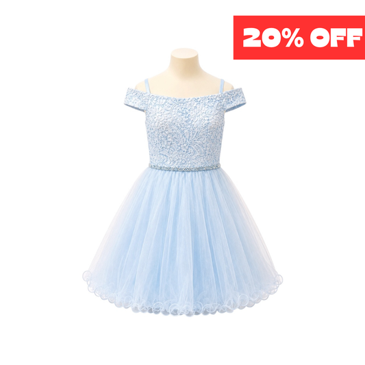 Baby Blue Off-the-Shoulder Lace Jr. Dress with Rhinestone Waist & Tulle Skirt (XS)