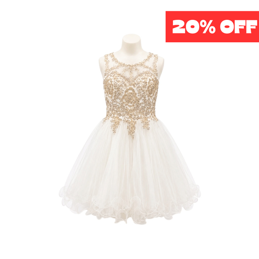 White & Gold Embellished Illusion Jr. Dress with Tulle Skirt (Small)