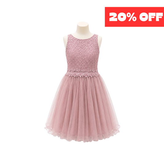 Mauve Floral Lace Jr. Dress with Embellished Waist & Tulle Skirt (M)