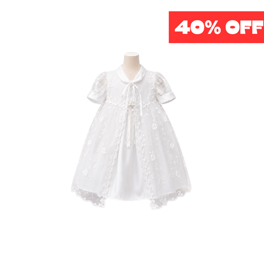 2-Piece White Satin Dress with Embroidered Organza Shawl