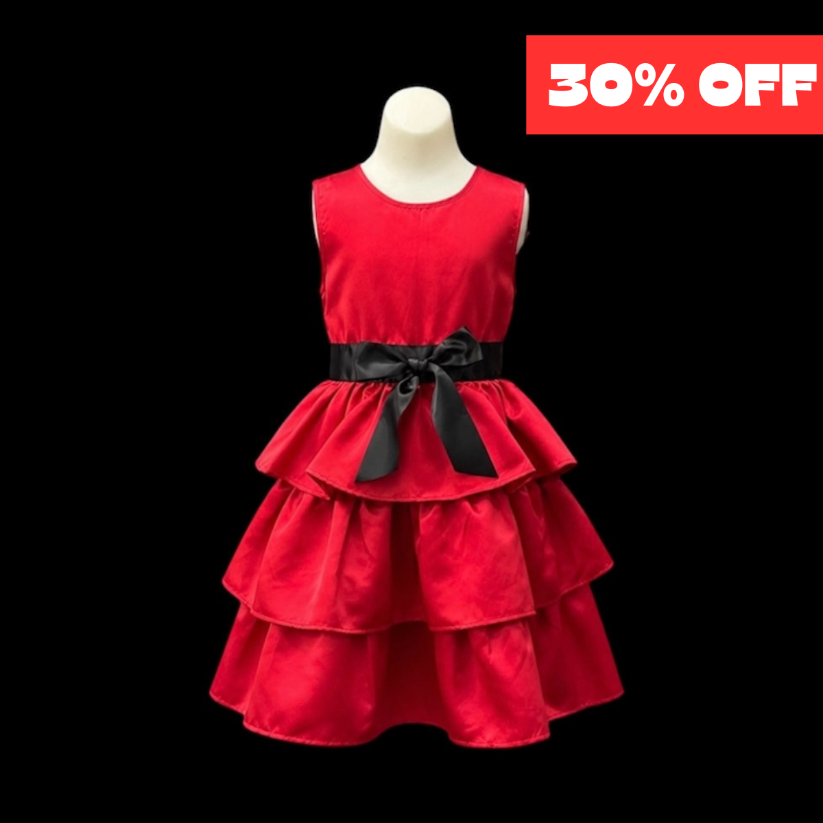 Red Tiered Satin Dress with Black Sash & Bow