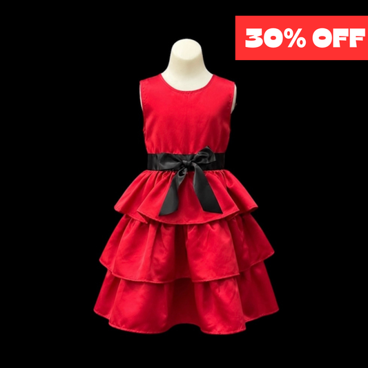 Red Tiered Satin Dress with Black Sash & Bow