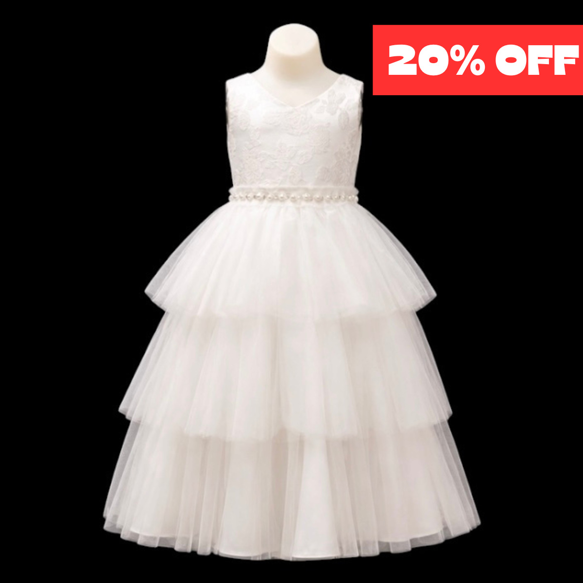 Off-White Tiered Tulle Dress with Floral Embroidered Bodice & Pearl Waist (Size 12)