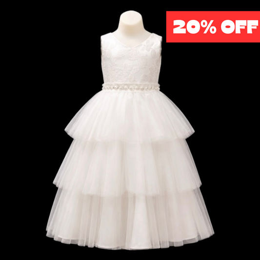 Off-White Tiered Tulle Dress with Floral Embroidered Bodice & Pearl Waist (Size 12)