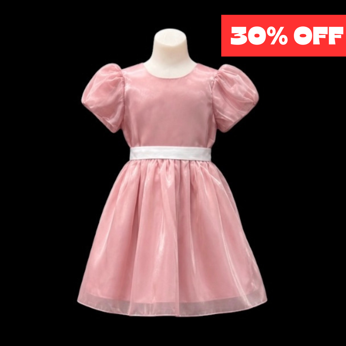 Blush Pink Puff Sleeve Dress w/ White Satin Sash (Size 10)