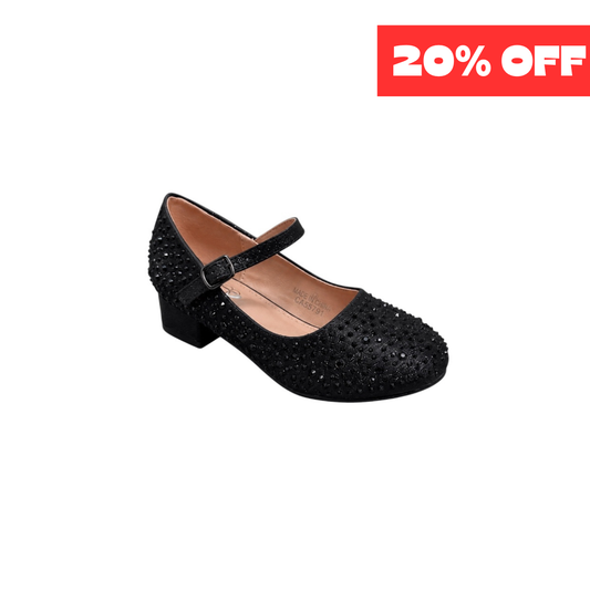 Jolene Girls' Black Crystal Embellished Block Heel Dress Shoes