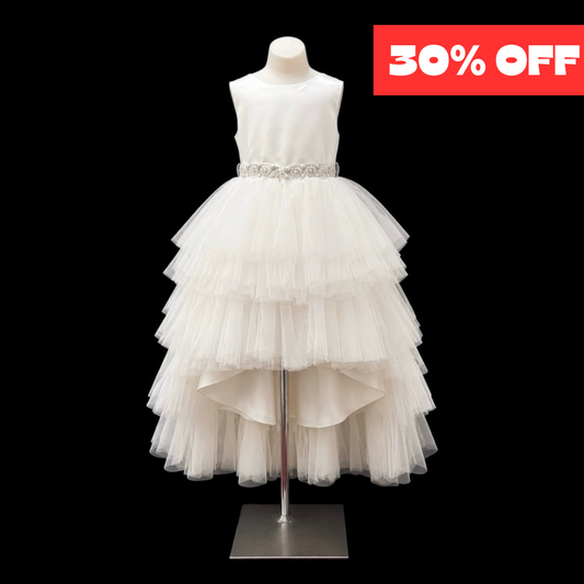 Joy Kids U.S.A. Ivory Tiered Tulle High-Low Dress with Pearl & Rhinestone Sash (Size 16)