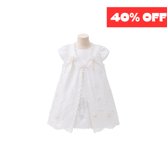 3-Piece Baby Girl White Satin Christening Dress with Embroidered Angel Overlay, Bonnet & Cape (6–9 Months)