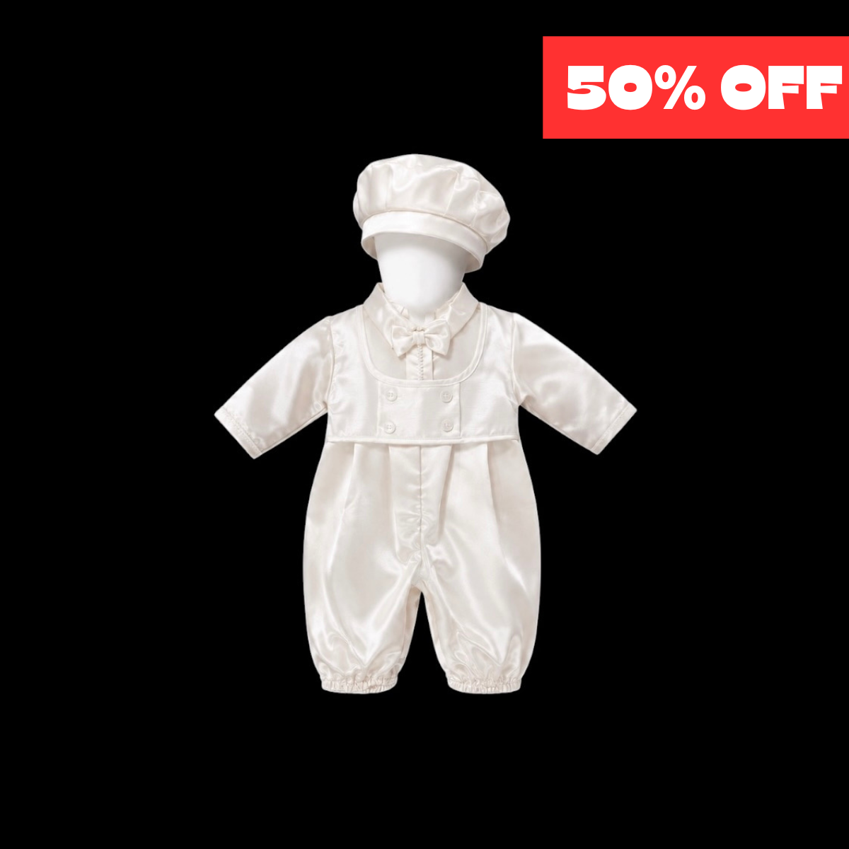 Caroline Baptême Shiny Ivory Baby Baptism Romper & Matching Hat Set