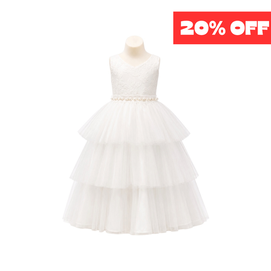 Off-White Floral Embroidered Tiered Tulle Dress with Pearl Waist (Size 12)