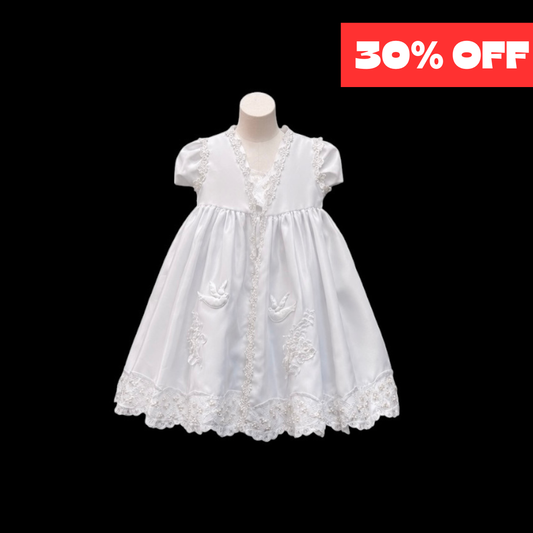 2-Piece Baby Girl White Short Sleeve Gown with Sequin Beading & Matching Embroidered Shawl (12–18 Months)