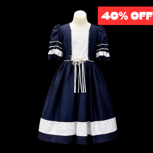 Navy & White Princess Dress w/ Puff Sleeves, Square Neckline & Floral Waist Detail (Size 8)
