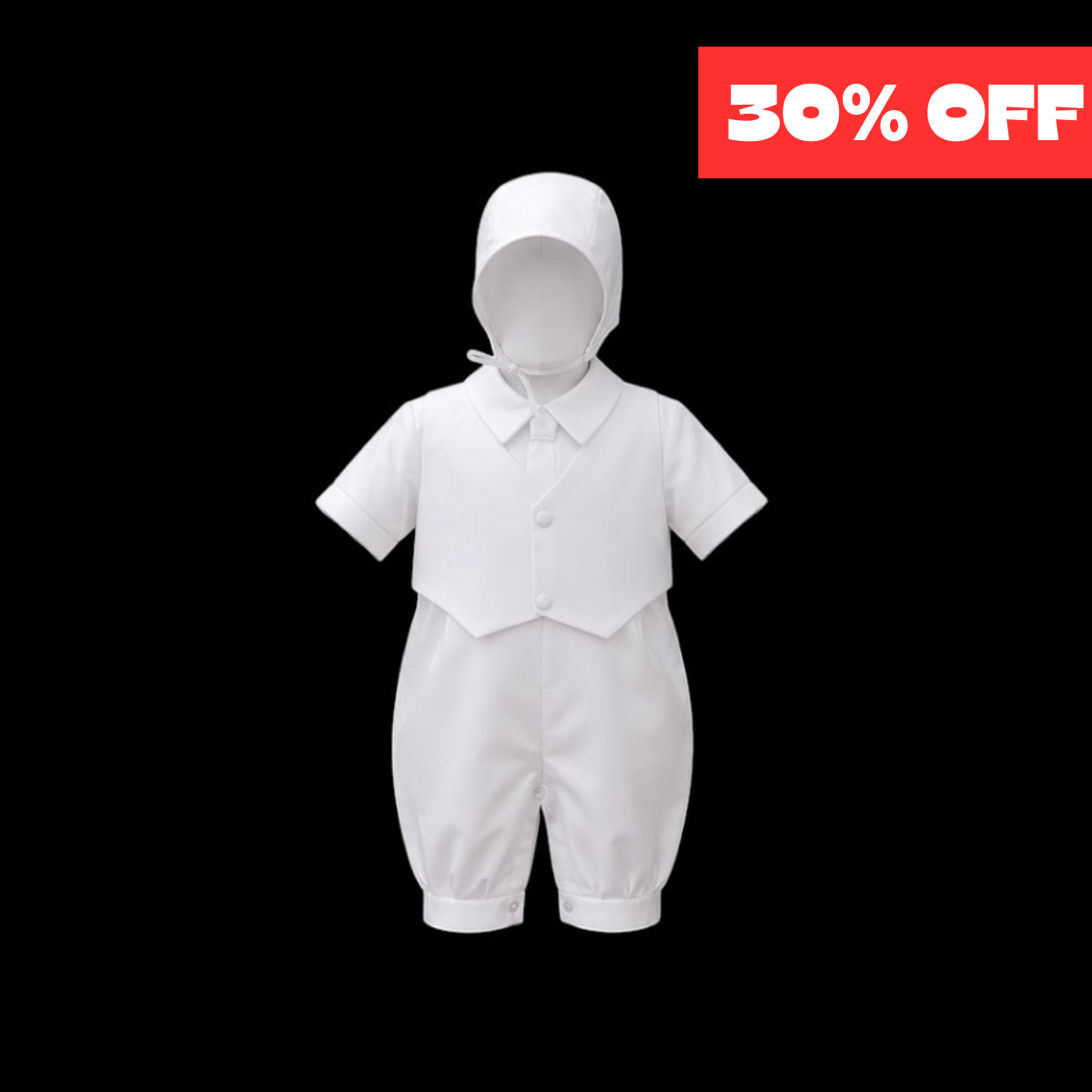 Mavezzano White Short-Sleeve Baptism Romper with Matching Bonnet (24 Months)
