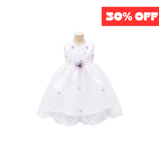 Baby Girl White Dress with Lavender Floral Embroidery & Butterfly Organza Skirt