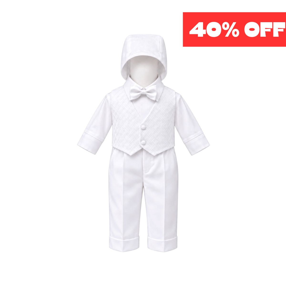 Fouger U.S.A. Baby Boys' White Geometric Embroidered 4-Piece Formal Suit with Bonnet (24 Months)